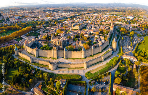 Aerial view of Carcassonne, a French fortified city in France