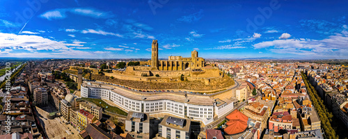 Aerial view of a Gothic-Romanesque cathedral in Lleida in Spain's northeastern Catalonia region