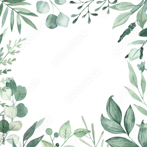 Watercolor square frame with greenery, green leaves, foliage, berries