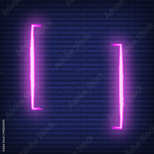Concept neon quote blank icon, colorful phrase vector illustration, isolated dark brickwork background. Template for note, message, comment.
