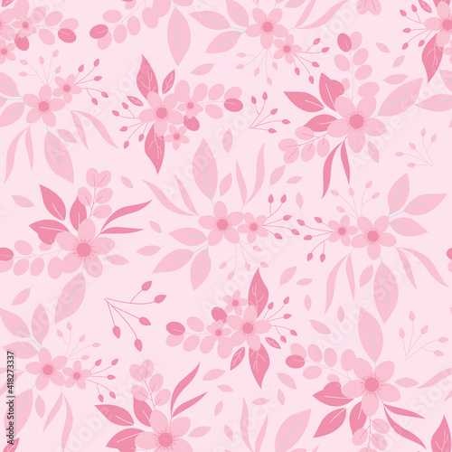 Monotone pink flowers seamless pattern. Pink floral print.
