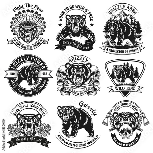 Vintage badges with grizzly bear vector illustration set. Monochrome labels with dangerous forest predator. Wildlife and animals concept can be used for retro template