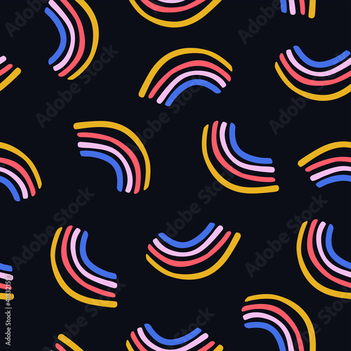 Fun colorful rainbow rainbows cute seamless pattern vector. Pretty hand drawn doodle flat illustration. Happy vibrant colours dark plain navy blue background. Lgbtq themed gift paper card wallpaper 