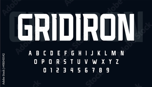 Sport condensed alphabet. Tall monumental font for modern american football logo. Typeset for rugby gridiron branding, sport headline, monogram. Minimal style letters, vector typographic design