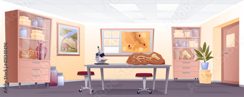 Paleontology lab interior background. Extinct dinosaur bones on desk with microscope, cupboards in laboratory room vector illustration. Ancient history museum horizontal panorama