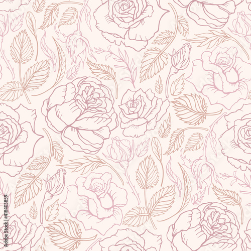 Seamless hand draw floral background pattern with blooming roses vector abstract design.