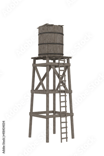A vintage wooden water tower from the old wild west. 3D illustration isolated on white.