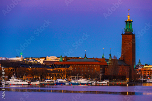 Stockholm, Sweden The City Hall at dusk.
