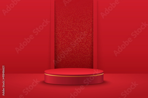 Abstract vector rendering 3d shape for advertising product display. Modern chinese red cylinder pedestal podium with geometric background. Minimal wall scene, Studio room.