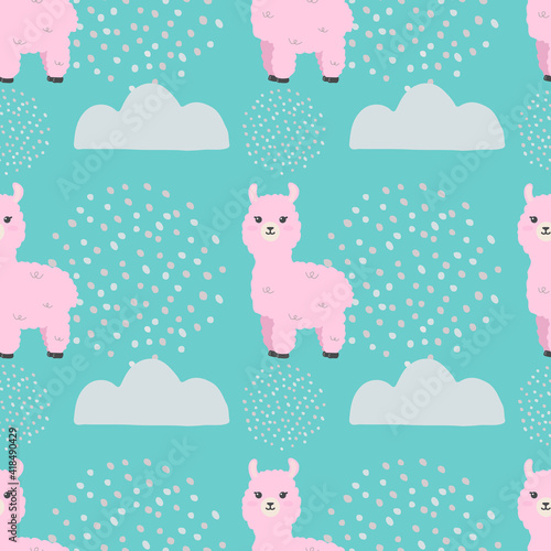 Seamless Pattern. Alpaca llama in the sky. Cute cartoon kawaii funny smiling baby character. Wrapping paper, textile template. Nursery decoration