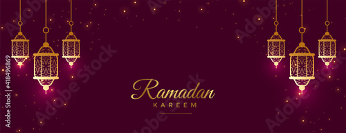 beautiful ramadan kareem celebration banner with lamps decoration