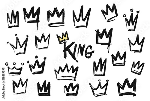 Set of crown icon in brush stroke texture paint style. hand drawn illustration.