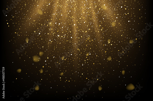 Golden glitter and sparkles in sun rays background. Yellow lines in shiny light vector illustration. Bright dust sparkling on black wallpaper design. Christmas or holiday card decoration