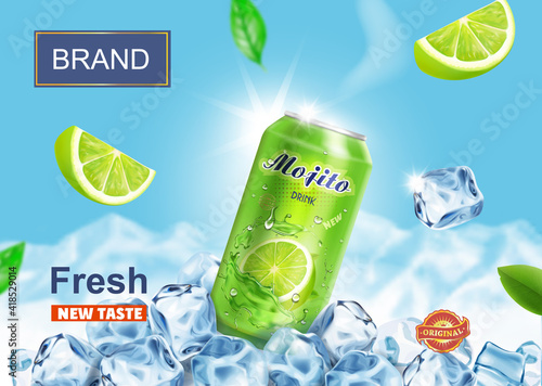 Lime juice drink advertising. Refreshing mojito ads aluminium can in ice cubes on snow mountains background. Vector mojito cocktail in ice cubes