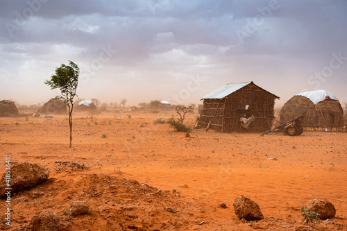 Sandstorm in Somali Region, Ethiopia, dust, sand with dark clounds on dry arid soil.