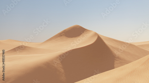 Abstract beautiful landscape with desert dunes on a sunny day with clouds bright sky in blue white and orange color. Sahara Desert, Morocco, Africa. Minimal clean nature background. 3D Render.