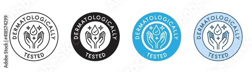 Dermatologically tested icon in line style vector label with water drop, hand with water logo. Dermatology test and dermatologist clinic icon, business concept allergy free and healthy 