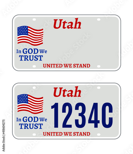 Utah car license plate usa number vector retro sign. American utah state plate license