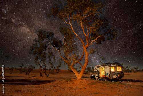 Camping at night in the Strzelecki desert , South Australia.