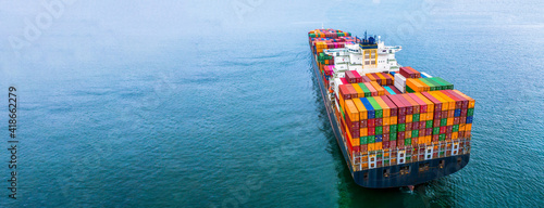 Aerial view container ship carrying container box global business cargo freight shipping commercial trade logistic and transportation oversea worldwide container vessel, Container cargo freight ship.