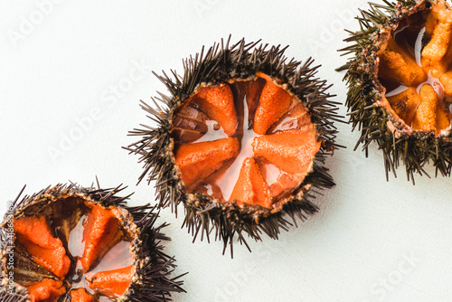 Fresh sea urchins (ricci di mare) or uni on the white background, close-up, macro. Delicious seafood from southern Italy and Spain, rich in iodine, vitamins, gomarin, carnitine and dopamine