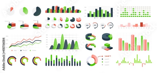 Graphic charts. Infographic statistic bars and circle diagrams for data presentation, comparison histogram elements. Types set of isolated colorful analytic graphs. Vector information visualization