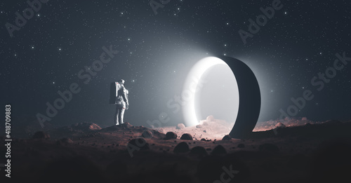 Astronaut on foreign planet in front of spacetime portal light