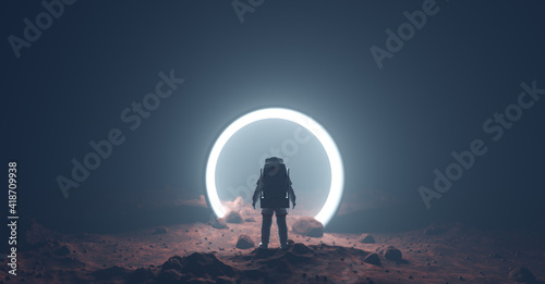 Astronaut on foreign planet in front of spacetime portal light
