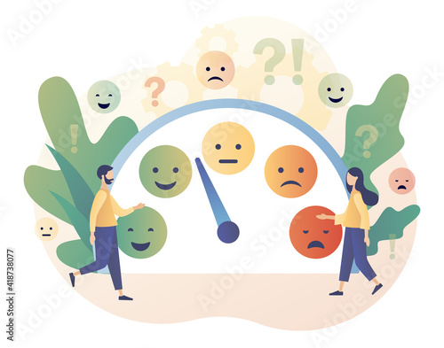 Emotions scale. Mood concept. Excellent, good and normal, bad and awful. Tiny people leave feedback. Emoji set for mood tracker. Modern flat cartoon style. Vector illustration on white background