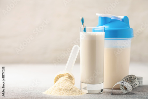 Protein sport shake and powder . Fitness food and drink. Diet