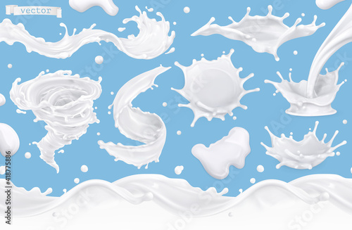 Milk splashes set. Seamless pattern 3d realistic vector