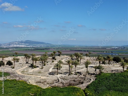 Tel Megiddo, Israel - March 7 2021: Ancient ruins of Megiddo (Armagedon)