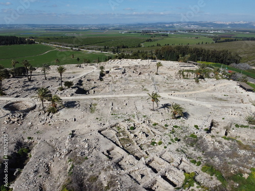 Tel Megiddo, Israel - March 7 2021: Ancient ruins of Megiddo (Armagedon)