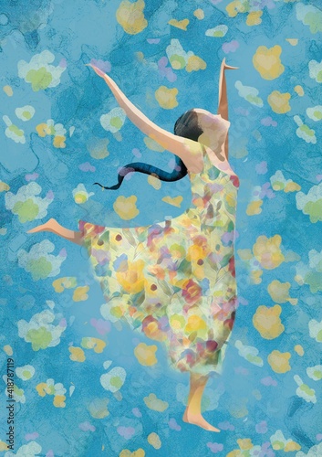 Woman and flowers in dynamic situation, with skirts to the wind