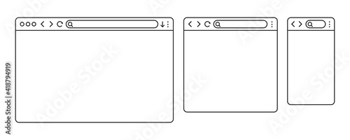 Simple browser window in a flat style, line design a simple blank web page, search in internet, line template mockup browser window on computer, tablet and mobile phone - stock vector