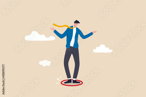 Business boundary, limitation or framing that prevent progress work, prohibited activity that limit business or career growth concept, frustrated businessman standing uncomfortably in small red circle