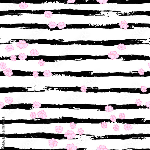 Vector seamless colorful pattern with illustration of blooming flowers on black and white striped background. Us itd for wallpaper, pattern fill, page, surface texture, textile print, wrapping paper