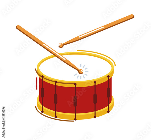 Drum musical instrument vector flat illustration isolated over white background, snare drum design.