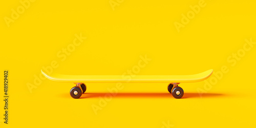 Yellow skateboard or skating surf board on vibrant color background with extreme lifestyle. 3D rendering.