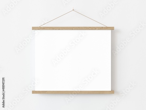 One square roll up poster mockup with light wood border hanging on a white wall in empty room. Isolated roll up poster mockup template on white background. 3D illustration