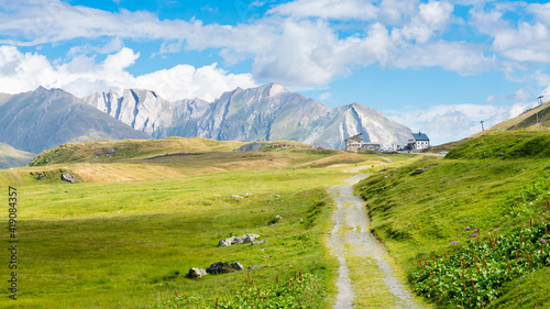 The highest mountain peaks in Italy and in Europe. Green meadow in the foreground, high peaks, blue sky and white clouds in the background