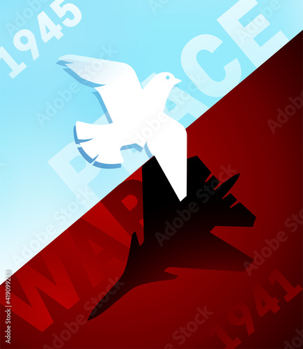 Peace and war vector illustration. 9th May - Russian holiday. 1941 - 1945. Pigeons. Plane. Vector template for greeting card or poster.