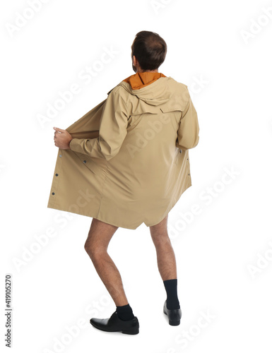 Exhibitionist exposing naked body under coat isolated on white, back view