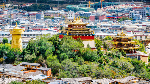 Dafo Big Buddha temple aerial view and Guishan park scenic in Dukezong old town Shangri-La Yunnan China