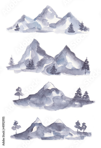 Watercolor monochrome set of mountain views. 