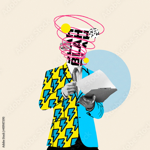 Unstoppable talks in head. Comics styled yellow suit. Modern design, contemporary art collage. Inspiration, idea concept, trendy urban magazine style. Negative space to insert your text or ad.