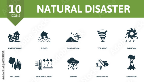 Natural Disaster icon set. Contains editable icons natural disaster theme such as flood, tornado, wildfire and more.