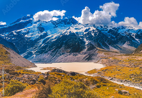 Landscape with snow and mountains in Mount Cook, New Zealand