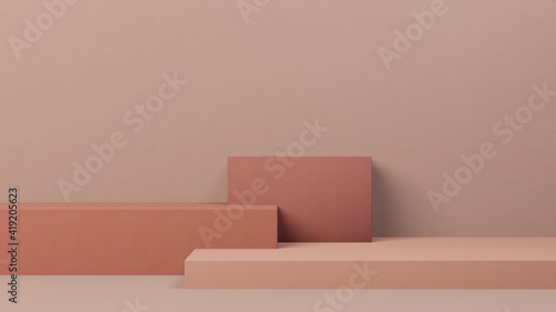 Minimal abstract podium mock up design for product presentation background or branding concept with beige, red, earth tones cube boxes and brown wall color, 3D render, 3D illustration, Rendering.