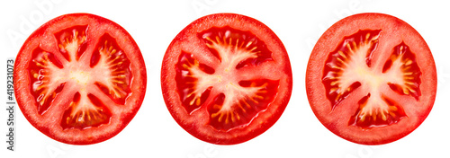 Tomato slice top view isolate. Tomato on white background. Set of round tomato slices. With clipping path.